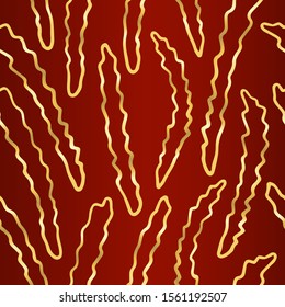 Seamless simple texture with hand drawn abstract golden shapes on dark red background; Vector endless wavy pattern with curves for decor, fabric print, gift wrap, invitation, banner, wrapping paper