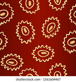 Seamless simple texture with hand drawn abstract golden shapes on dark red background; Vector endless doodle pattern with curves for decor, fabric print, gift wrap, invitation, banner, wrapping paper