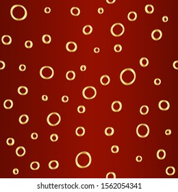 Seamless simple texture with hand drawn abstract golden circles on dark red background; Vector endless pattern with doodle ovals for decor, fabric print, gift wrap, invitation, banner, wrapping paper