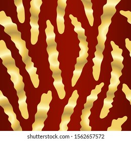 Seamless simple texture with hand drawn abstract golden shapes on dark red background; Vector endless wavy pattern with curves for decor, fabric print, gift wrap, invitation, banner, wrapping paper