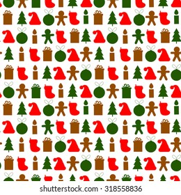 Seamless simple vector pattern for Christmas with tree, ball, gift, candle, gingerbread man and hat