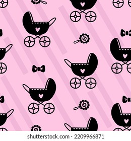 seamless simple vector pattern with stylized baby strollers on a pink background
