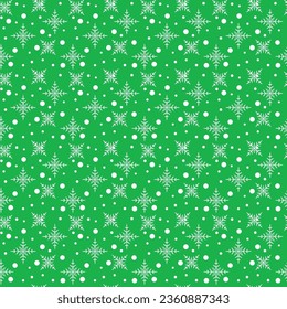 Seamless simple vector pattern with white snowflakes snowball on green background Bedclothes clothes wrapping paper textile card wallpaper Design nappking tablecloth Winter New Year Christmas Holiday