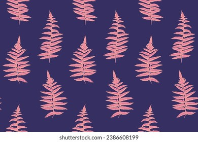 Seamless simple vibrant pink leaves fern pattern on a dark blue background. Vector hand drawn sketch. Template for design, fabric, interior decor, textile, fabric, wallpaper