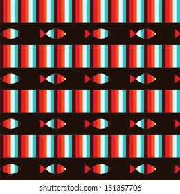 Seamless simple white, blue, black and red strap fish pattern 