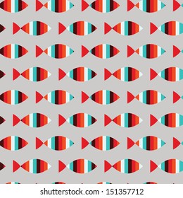 Seamless simple white, blue, black and red strap fish pattern on gray background