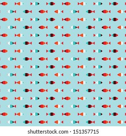 Seamless simple white, blue, black and red strap fish pattern on blue background