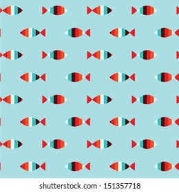 Seamless simple white, blue, black and red strap fish pattern on blue pattern