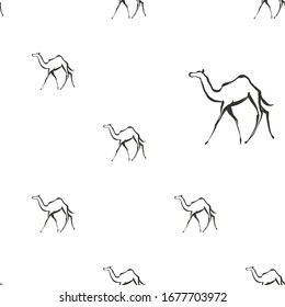 Sin inconvenientes con un solo camello. Diseño de patrones de línea. Dibujo vectorial hecho a mano en África. Dibujo en negro lineal sobre fondo blanco.