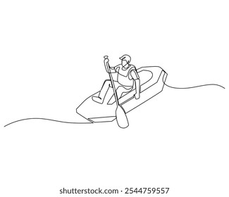 A seamless, single line drawing of a man skillfully navigating a kayak, portraying a sense of adventure and tranquility. 