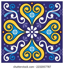 Seamless and single tile vector pattern inspired by talavera art from Mexico, repetitive design with flowers and swirls in navy blue and yellow. Unique one tile ornament with floral motif