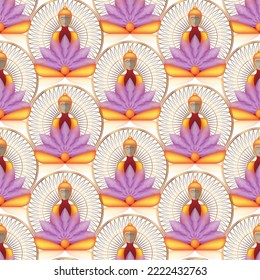 Seamless Sitting Buddha over gold Mandala and lotus flowers. Esoteric vector illustration. Vintage decorative culture background. Indian, Buddhism, spiritual art. Golden, spirituality, Thai god, yoga