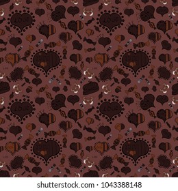 Seamless Sixties style mod pop art psychedelic colorful Love text design. Cute hearts love on brown, black and gray colors on nice background. Vector illustration.