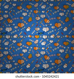 Seamless Sixties style mod pop art psychedelic colorful Love text design. Cute hearts love on blue, white and orange colors on nice background. Vector illustration.