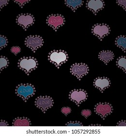 Seamless Sixties style mod pop art psychedelic colorful Love text design. Cute hearts love on black, pink and blue colors on nice background. Vector illustration.