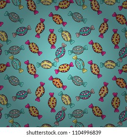 Seamless Sixties style mod pop art psychedelic colorful Love text design. Cute hearts love on black, blue and neutral colors on nice background. Vector illustration.