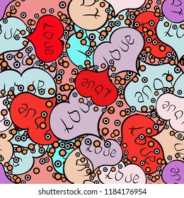 Seamless Sixties style mod pop art psychedelic colorful Love text design. Cute hearts love on neutral, black and red colors on nice background. Vector illustration.