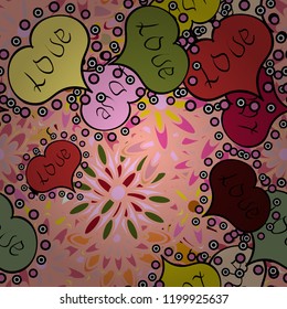 Seamless Sixties style mod pop art psychedelic colorful Love text design. Cute hearts love on pink, black and yellow colors on nice background. Vector illustration.