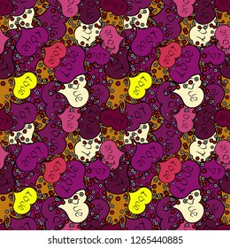 Seamless Sixties style mod pop art psychedelic colorful Love text design. Cute hearts love on purple, black and magenta colors on nice background. Vector illustration.