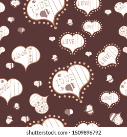 Seamless Sixties style mod pop art psychedelic colorful Love text design. Vector illustration. Cute hearts love on white, beige and brown colors on nice background.