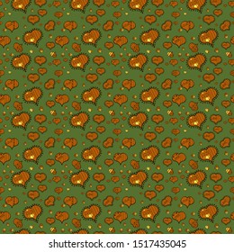 Seamless Sixties style mod pop art psychedelic colorful Love text design. Vector illustration. Cute hearts love on green, orange and black colors on nice background.