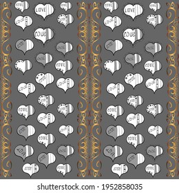 Seamless Sixties style mod pop art psychedelic colorful Love text design. Vector illustration. Cute hearts love on white, black and gray colors on nice background.