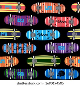 Seamless skateboard pattern. Seamless youth background with skateboard. Prints for t-shirts, textiles, children clothing.