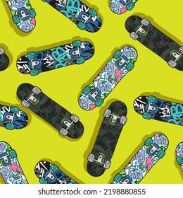 Seamless skateboard pattern. Seamless youth background with skateboard. Prints for t-shirts, textiles, children clothing.