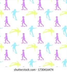 Seamless skateboarding pattern with multi-colored silhouettes of skateboarders on white background.  The girl rides a skateboard. Jump, trick ollie. Children design. Extreme sport vector illustration.