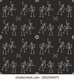 Seamless Skeleton Dancing Pattern Background In Black And White Color.