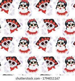 Seamless skeleton pattern Day of the dead pattern on white background.