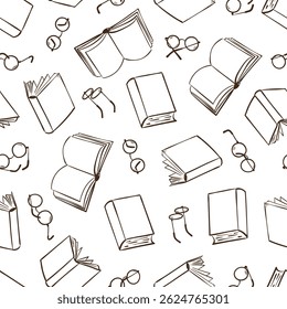 Seamless sketch books and glasses pattern. Hand drawn outline book and eyewear vector reading illustration