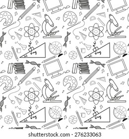 Seamless sketch of education doddle elements in black and white colors.