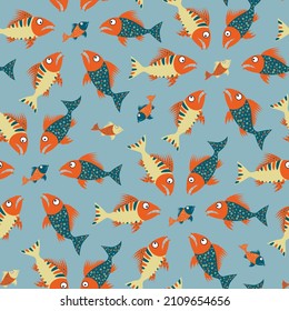 Seamless Sketch fish attack pattern, print for T-shirts, textiles, wrapping paper, web. 