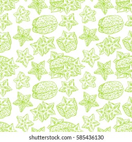 seamless sketch green pattern of ripe tasty carambola. hand-drawn illustration