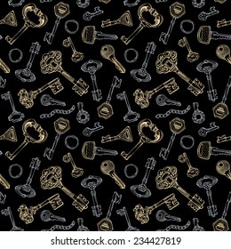 Seamless sketch keys pattern. Gold and silver vintage keys on black background. 