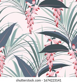 Seamless sketch, mint tropical flower and leaves summer print. Pattern background for printing.