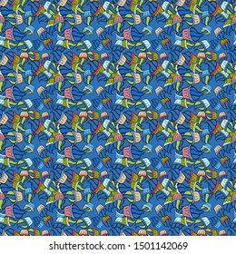 Seamless Sketch nice background. Abstract pattern for wrapping paper Vector illustration. Doodles black, blue and green on colors.