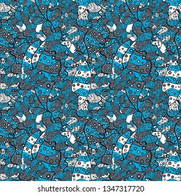 Seamless Sketch nice background. Doodles blue, black and neutral on colors. Abstract pattern for wrapping paper Vector illustration.