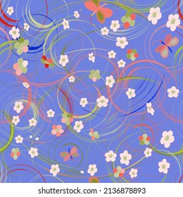 Patrón de boceto sin fisuras con flores coloridas abstractas y mariposas sobre el fondo azul para el diseño web