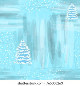 Seamless sketch pattern with abstract snowfflake and firtree on grunge striped backdrop in white,blue,grey colors