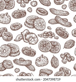 Seamless sketch pattern with dried fruits. Vector handmade background with healthy snacks.