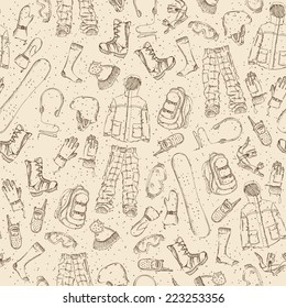 Seamless sketch pattern. Hand-drawn pencil snowboard kit. Retro design of extreme winter sport.