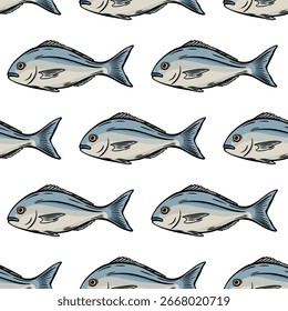 Padrão de esboço contínuo da ilustração de peixe mediterrâneo