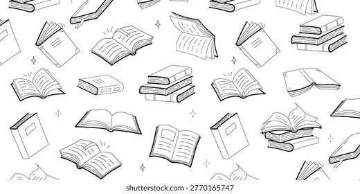  Seamless sketch pattern with open books flying on white background. Vector illustration of literature festival, library, reading club or book shop banner, education event, creative reading campaign
