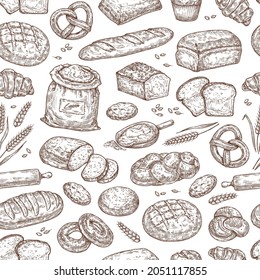 Seamless sketch pattern with pastries, bread, flour on a white background. Background in vintage style.