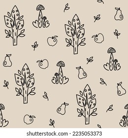 Seamless sketch pattern. Tree, mushroom, apple, pear, leaves. Flat style. Vector illustration 