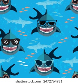 Seamless  Sketch  shark in glasses  pattern, print for T-shirts, textiles, wrapping paper, web. Original design with shark   .   for boys and girls