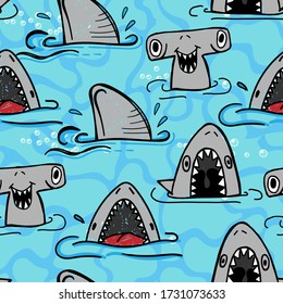 Seamless  Sketch  shark pattern, print for T-shirts, textiles, wrapping paper, web. Original design with shark  silhouette .  grunge design for boys and girls