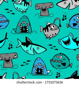 Seamless  Sketch  shark pattern, print for T-shirts, textiles, wrapping paper, web. Original design with shark  silhouette .  grunge design for boys and girls